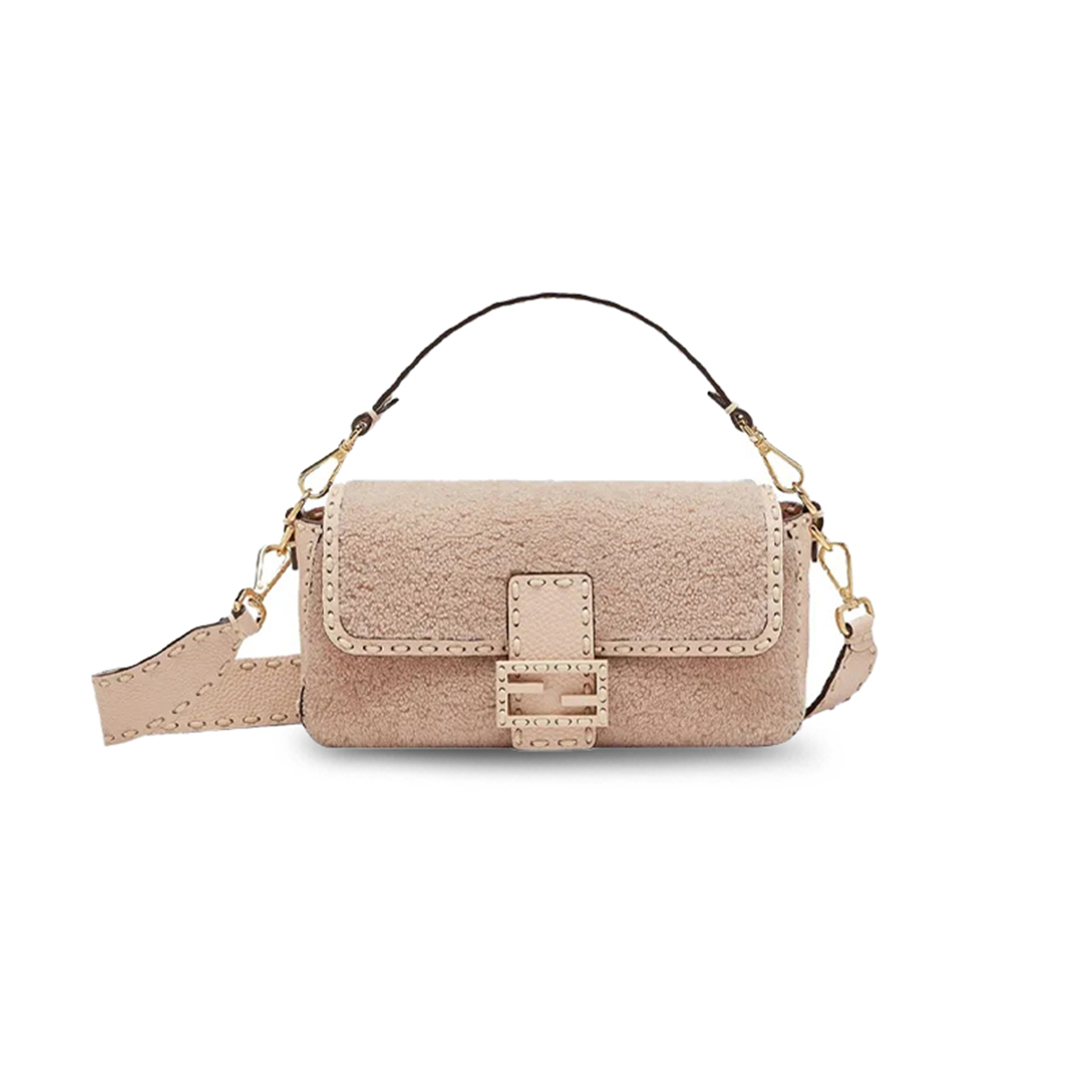 FENDI BAGUETTE NM BAG SHEARLING WITH STITCHED LEATHER MEDIUM PINK 8BR600AH96F1F7N (27*15*6cm)